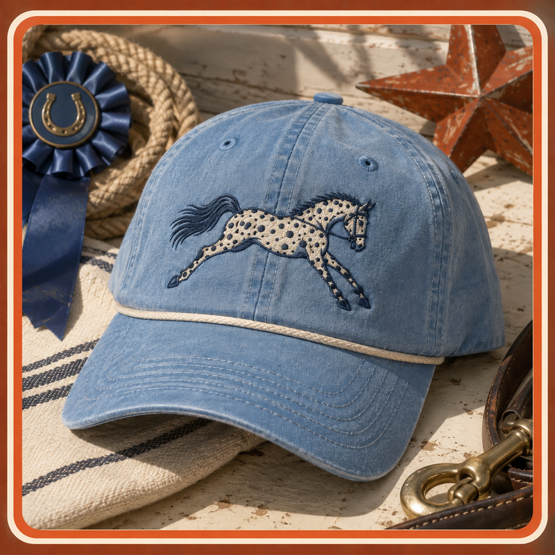 Realistic light blue equestrian baseball cap featuring an embroidered spotted horse, styled with a blue horse show ribbon, rustic star, rope, and leather tack.