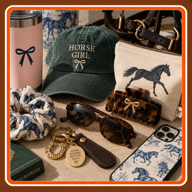 Equestrian accessories including a horse girl cap, horse-print scrunchie and phone case, sunglasses, hair clip, keychain, pouch, and tumbler.