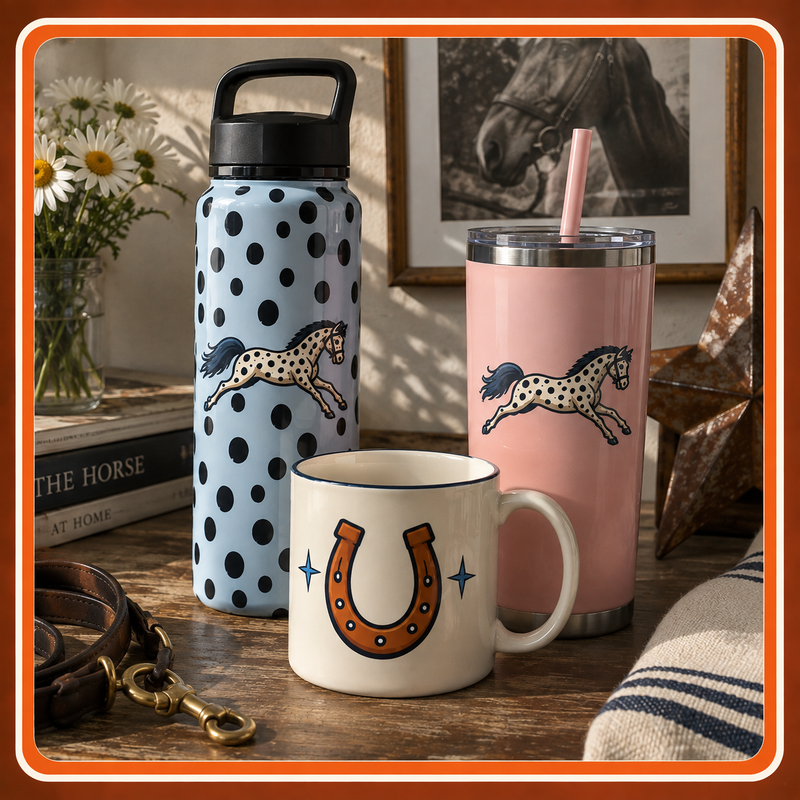 Equestrian drinkware collection featuring a blue horse-print water bottle, pink horse tumbler, and cream horseshoe mug in a rustic stable-inspired setting.