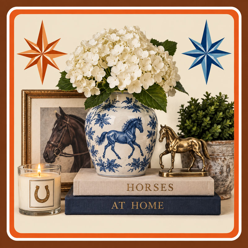 Equestrian home decor collection featuring blue and white horse pottery, hydrangeas, a brass horse figurine, horseshoe candle, and horse artwork.