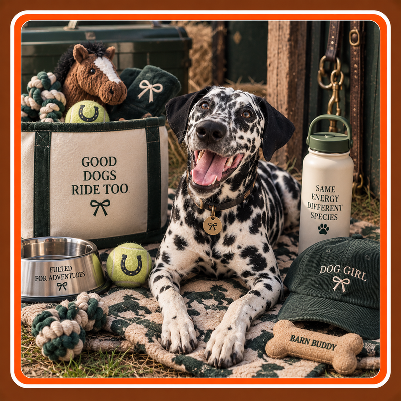 Happy Dalmatian surrounded by equestrian-inspired pet supplies, including dog toys, bowls and accessories in a rustic barn setting.