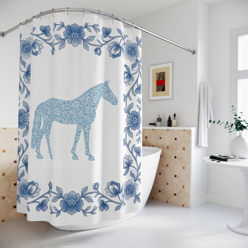 Blue Ribbon Bloom Shower Curtains | Equestrian Horse Gift Decor
