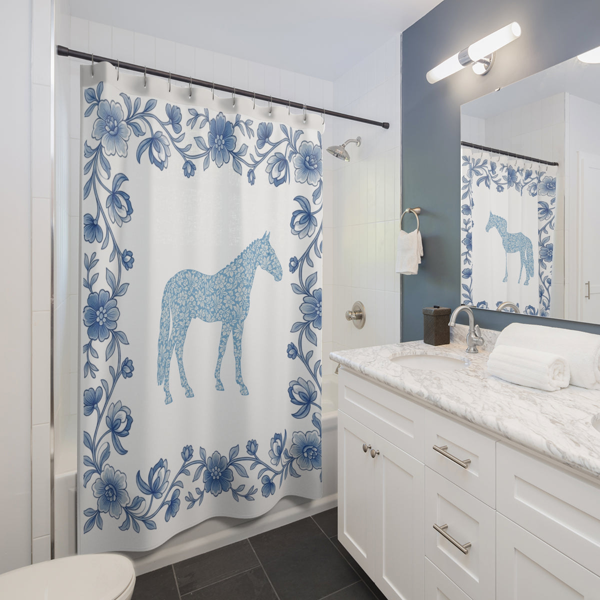 Blue Ribbon Bloom Shower Curtains | Equestrian Horse Gift Decor
