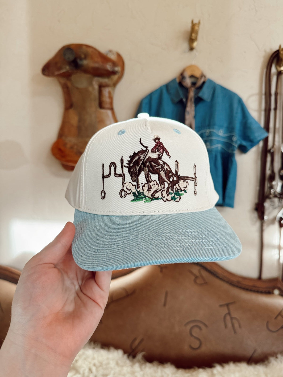 The Bit Western Trucker Hat | Women's Embroidered Denim Rodeo Cap - The Other Equestrian