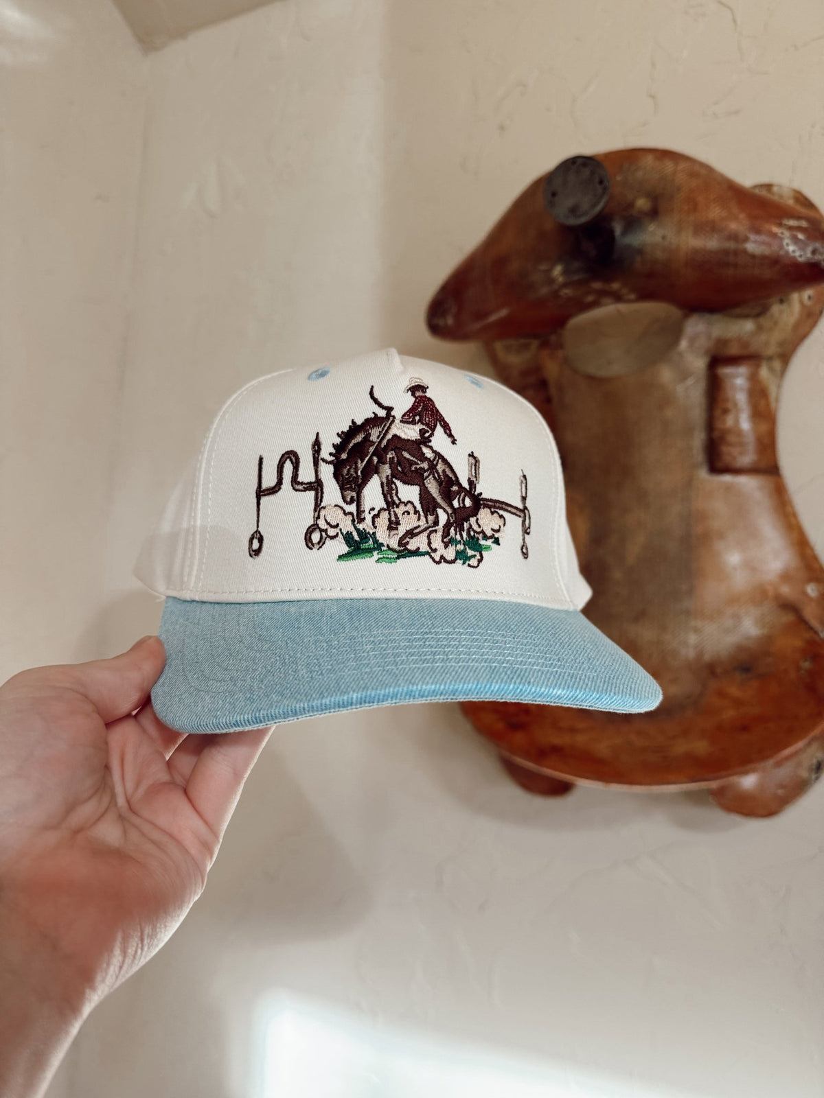 The Bit Western Trucker Hat | Women's Embroidered Denim Rodeo Cap - The Other Equestrian
