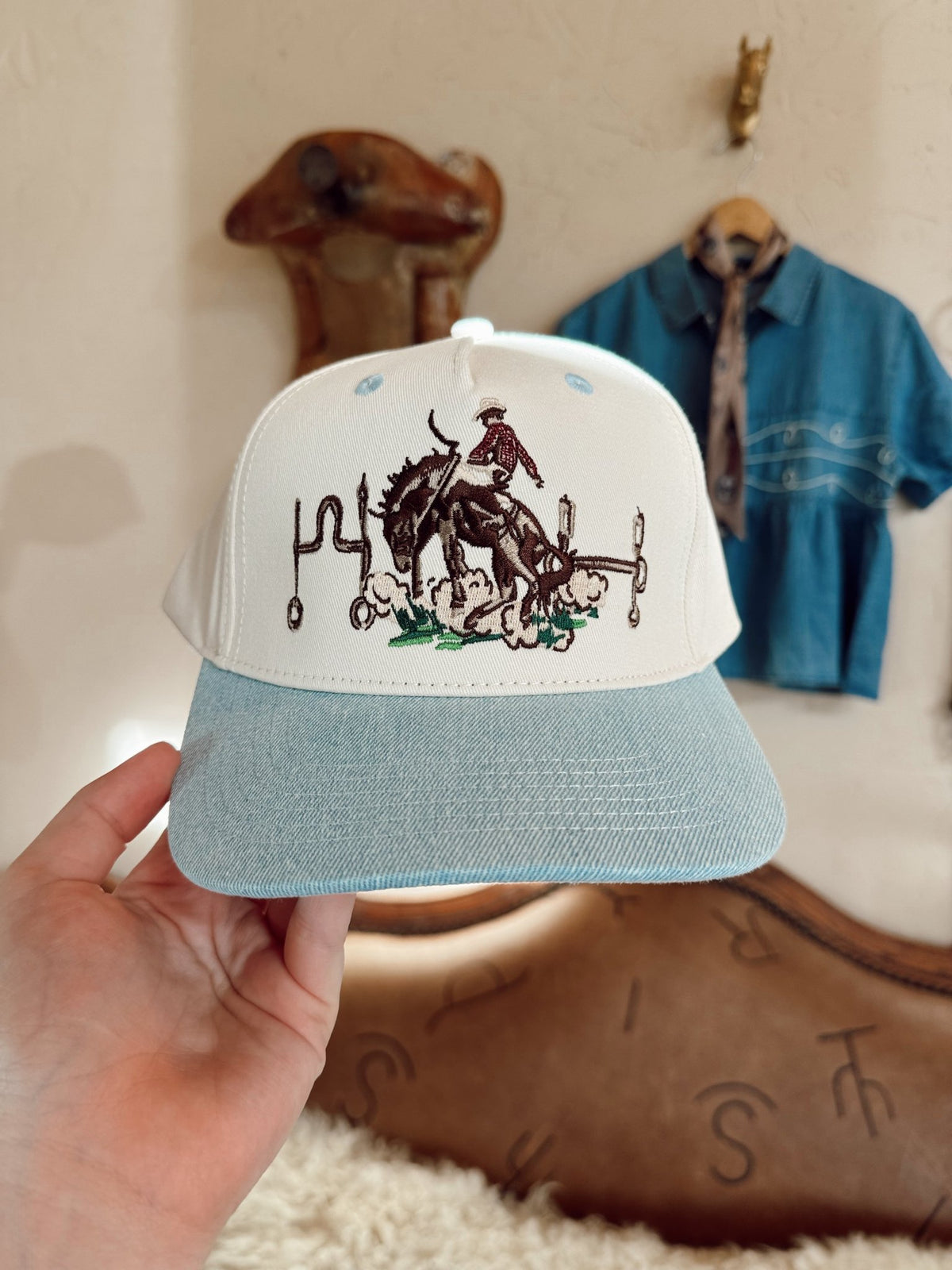The Bit Western Trucker Hat | Women's Embroidered Denim Rodeo Cap - The Other Equestrian